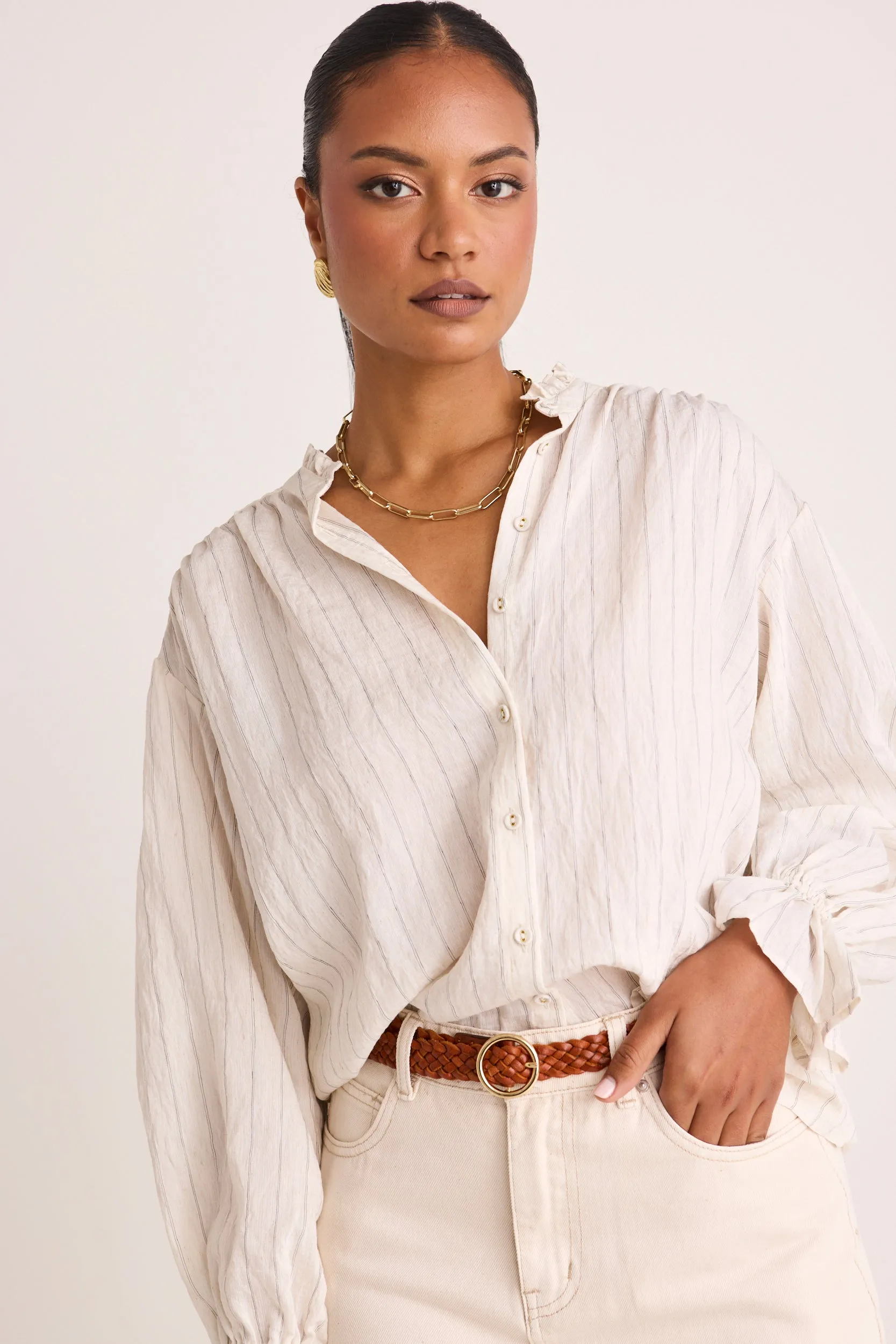 Relatable Ivory Stripe Frill Detail Shirt