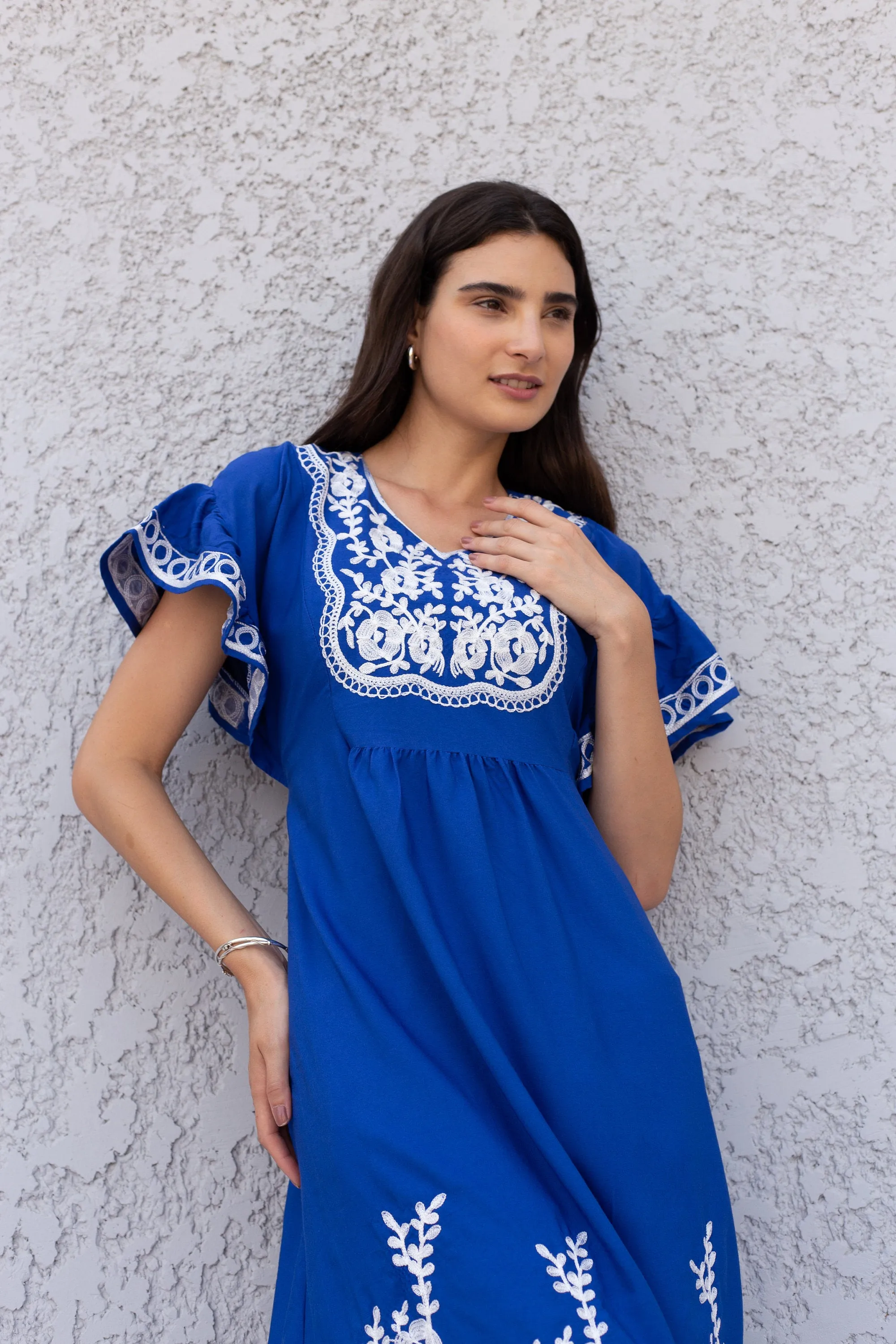 Royal blue cotton Tunic dress, embroidered kaftan dress, short tunic kaftan, cotton embroidered tunic dress, Summer tunic, vacation tunic