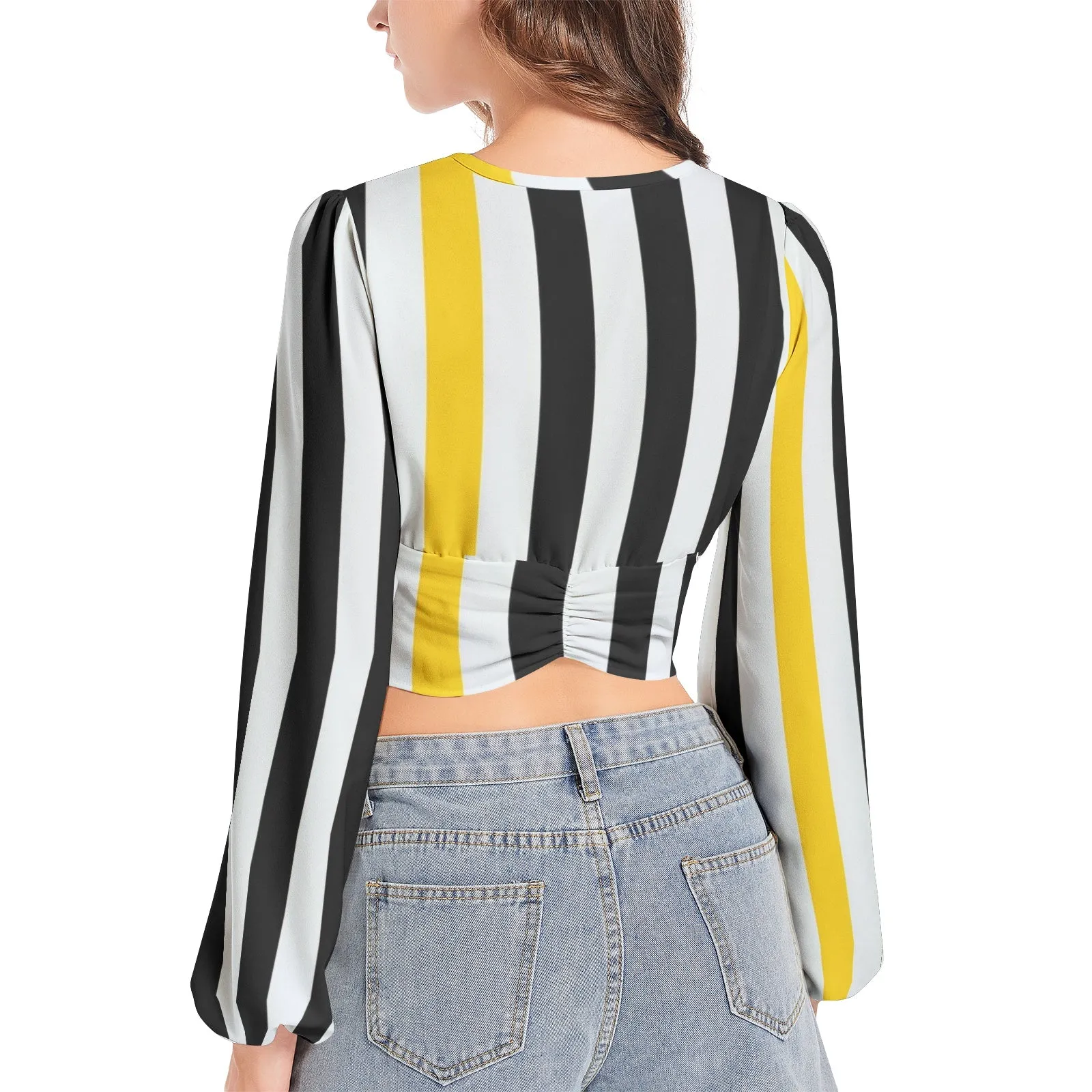 Swallowtail Striped Women's Deep V-Neck Lantern Sleeve Crop Top