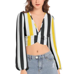 Swallowtail Striped Women's Deep V-Neck Lantern Sleeve Crop Top