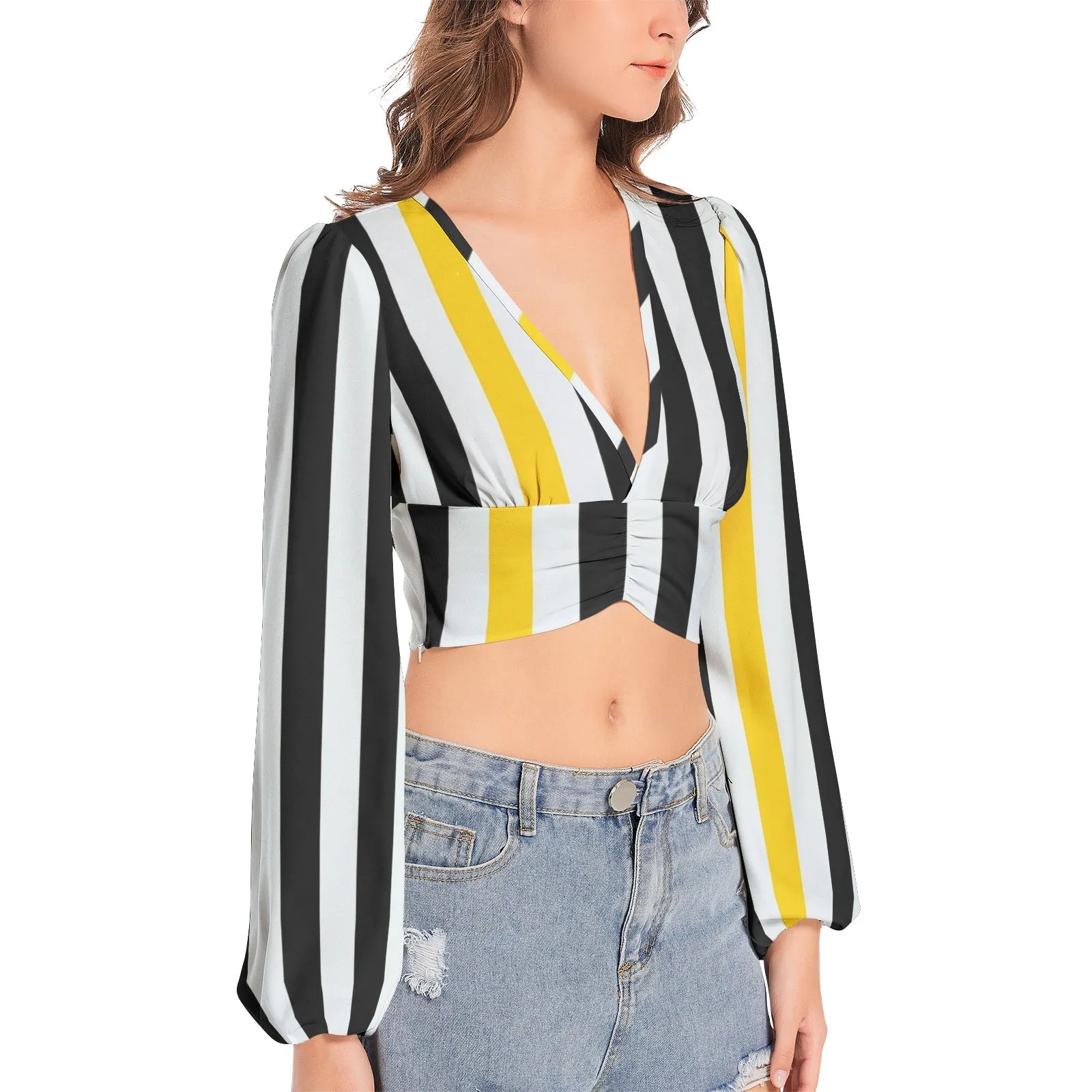 Swallowtail Striped Women's Deep V-Neck Lantern Sleeve Crop Top