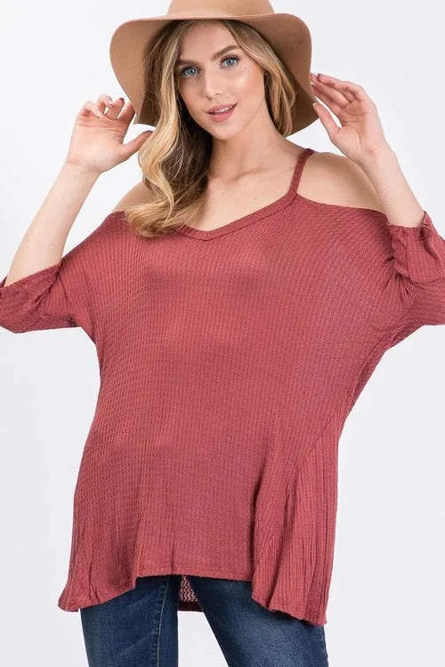 Waffle v neck cold shoulder hi-low top