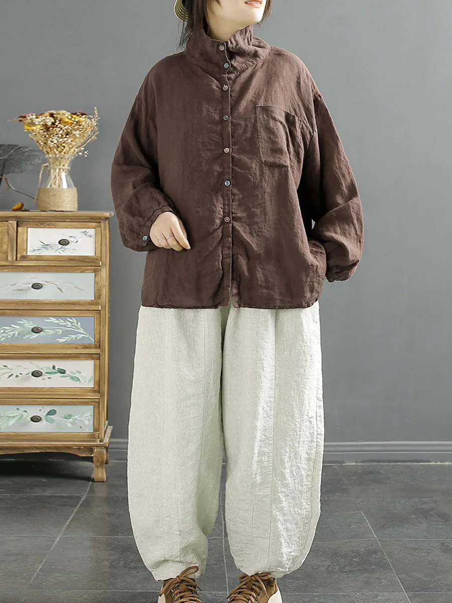 Women Casual Spring Solid Linen Shirt